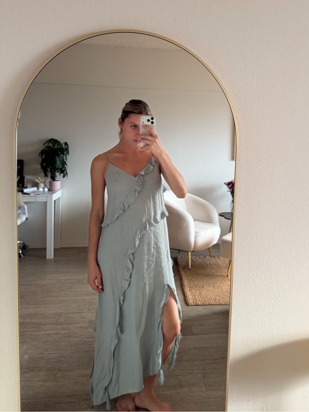 H&M Sage Green Asymmetrical Ruffle Slip Dress